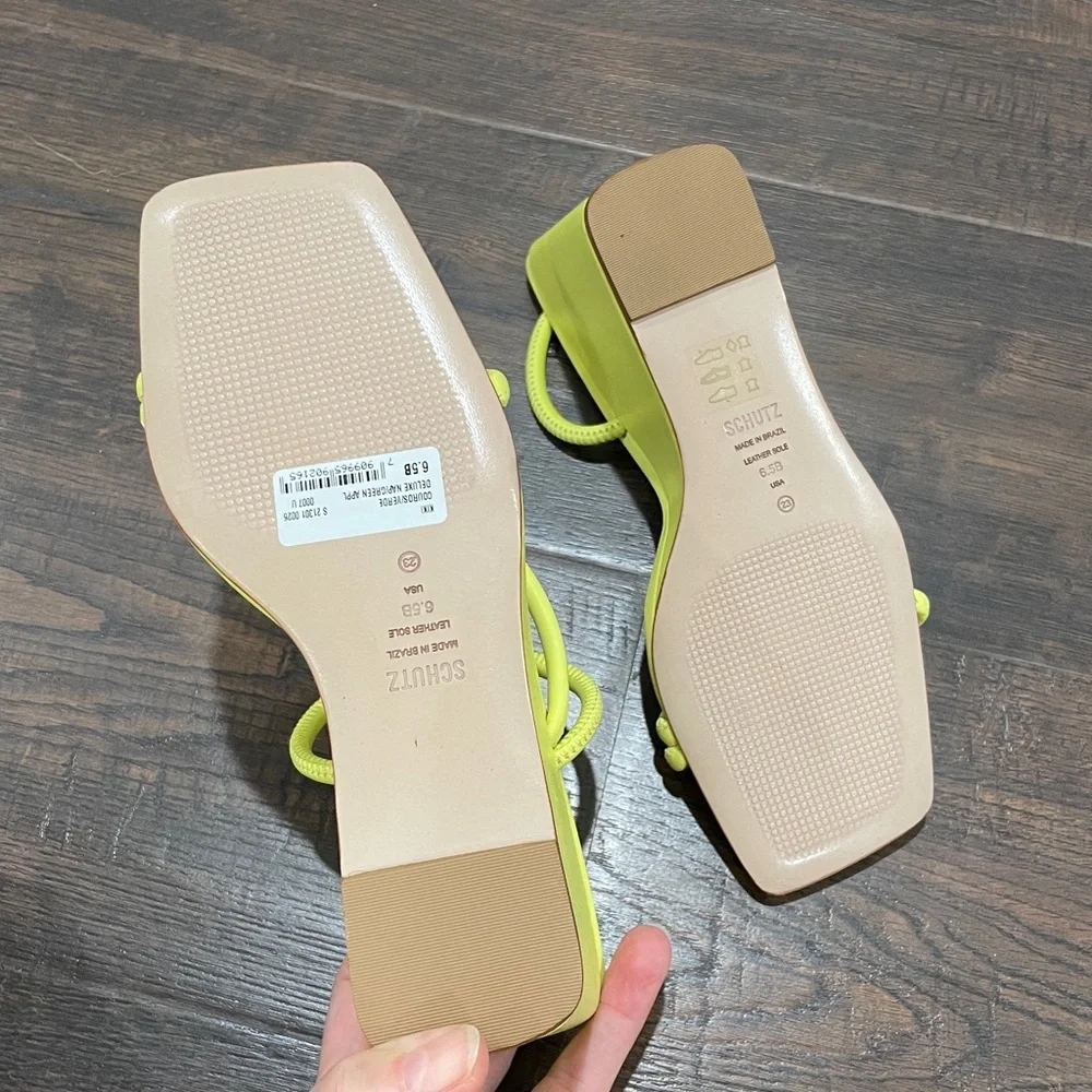 NIB SCHUTZ chartreuse LEATHER strappy wedge sandals lime apple zesty yellow 6.5 - Picture 14 of 16